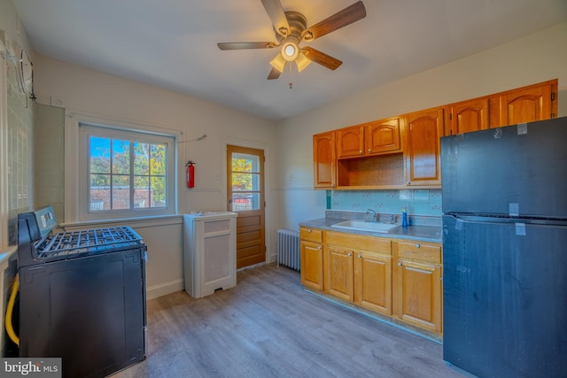 kitchen featuring black appliances, radiator, sink, light hardwood / wood-style floors, and ceiling fan