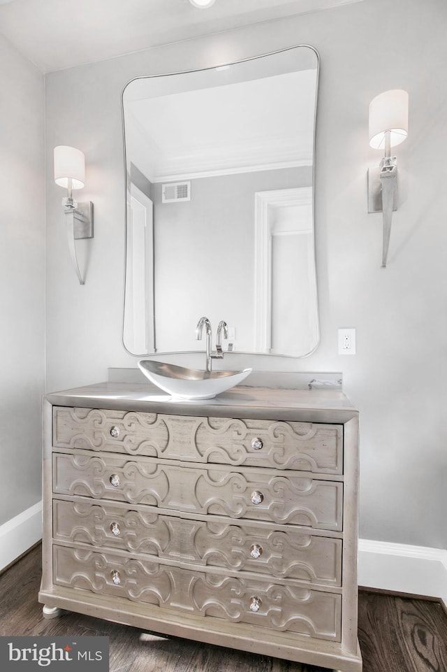 bathroom with vanity and wood-type flooring