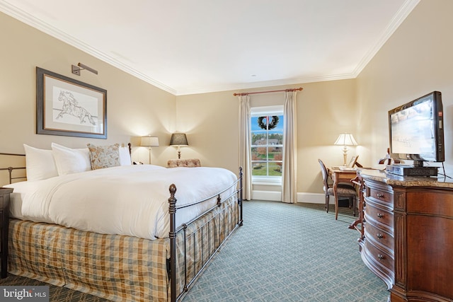 bedroom with carpet flooring and ornamental molding