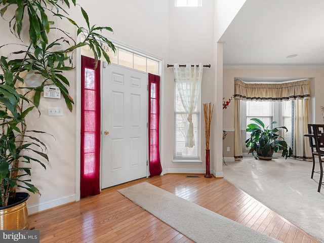 foyer with hardwood / wood-style floors, plenty of natural light, and ornamental molding