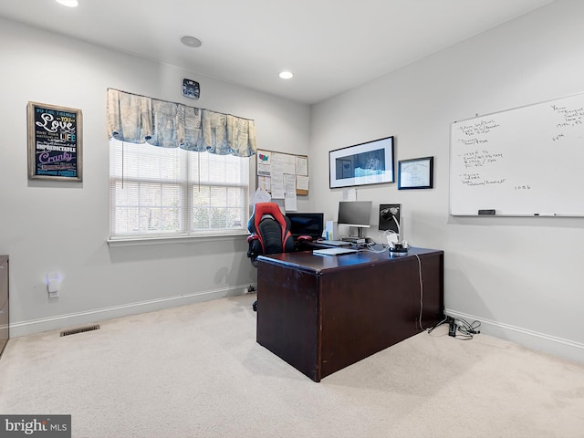 office area featuring light colored carpet