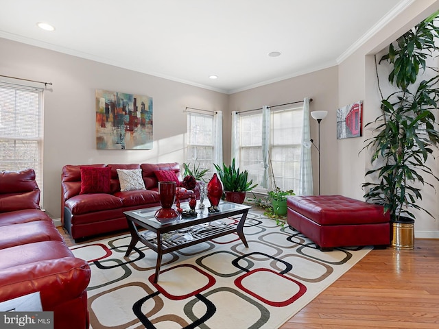 living room featuring light wood-type flooring and ornamental molding