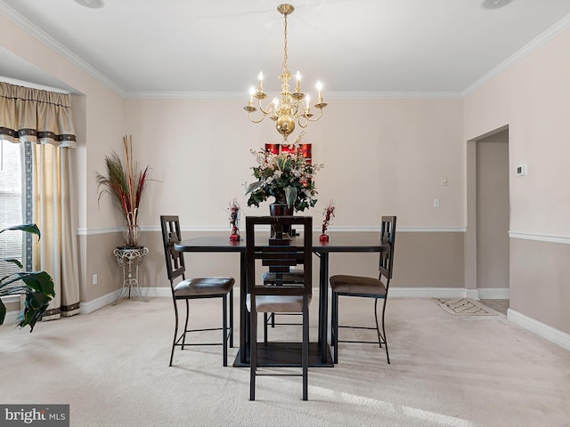 carpeted dining space with a notable chandelier and ornamental molding