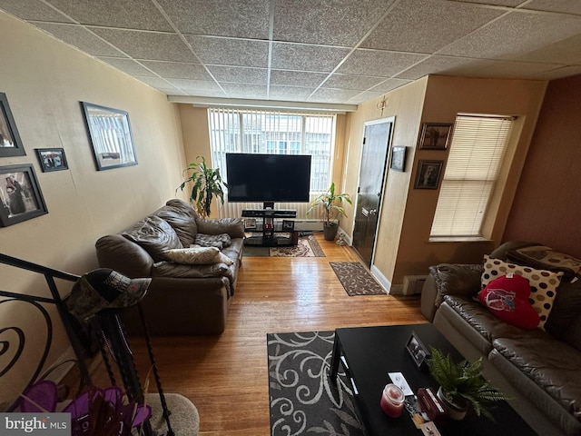 living room featuring a drop ceiling, hardwood / wood-style flooring, and a baseboard radiator