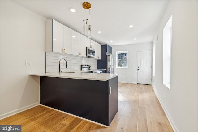 kitchen featuring white cabinets, sink, kitchen peninsula, and appliances with stainless steel finishes