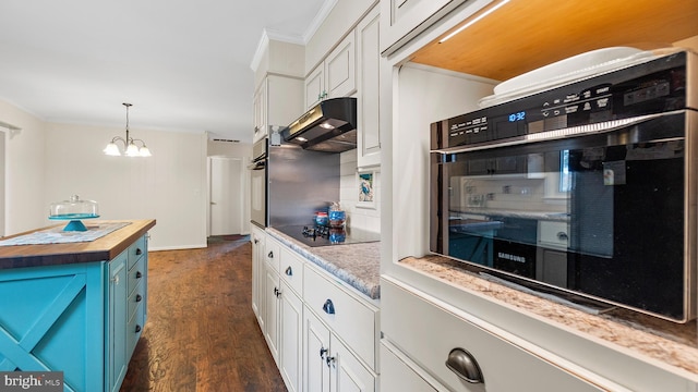 kitchen with dark wood-type flooring, black appliances, wood counters, and white cabinets