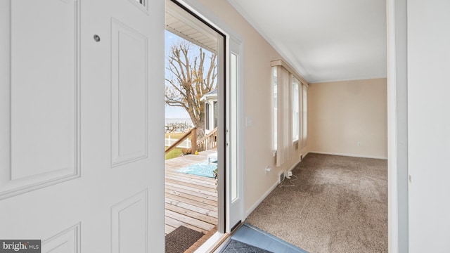 doorway with a healthy amount of sunlight and carpet