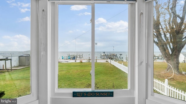 entryway with a water view