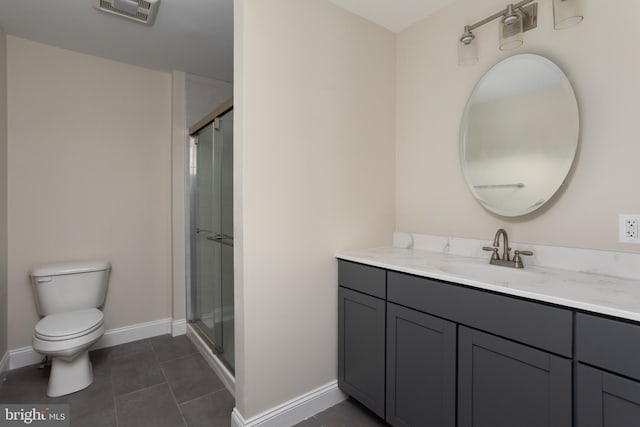 bathroom with vanity, walk in shower, tile patterned flooring, and toilet