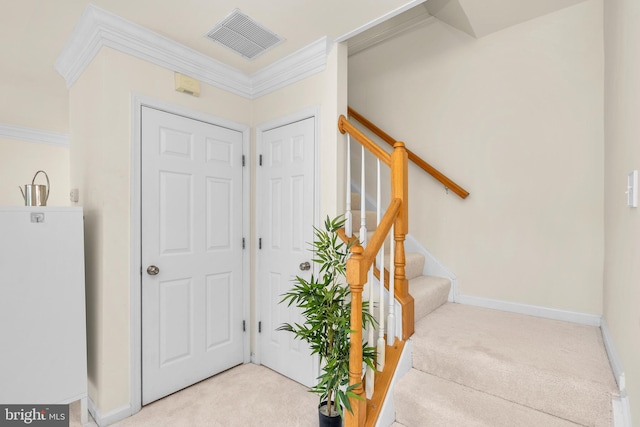 foyer entrance featuring light colored carpet and ornamental molding