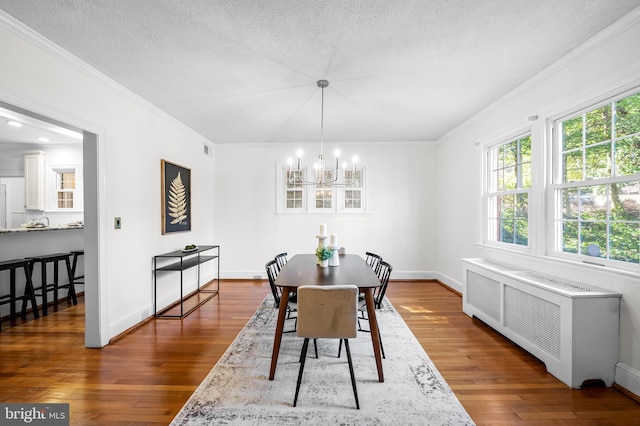 dining room featuring a textured ceiling, dark wood finished floors, radiator heating unit, and crown molding