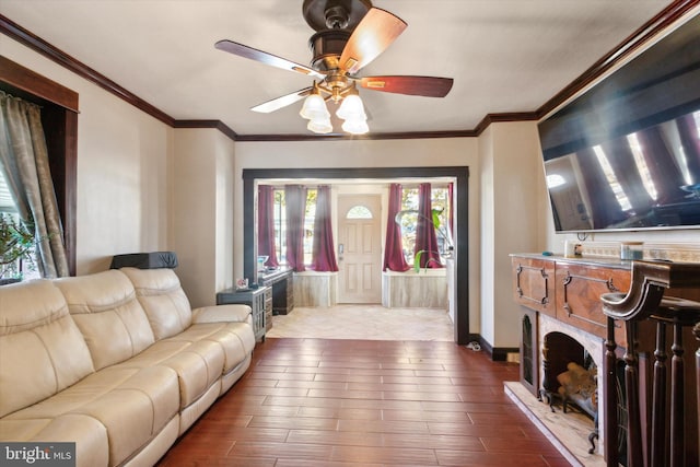 living room with hardwood / wood-style flooring, ceiling fan, and ornamental molding