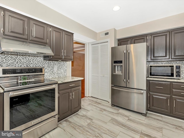 kitchen with decorative backsplash, appliances with stainless steel finishes, and dark brown cabinetry