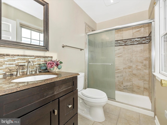 bathroom featuring tile patterned floors, decorative backsplash, toilet, and walk in shower