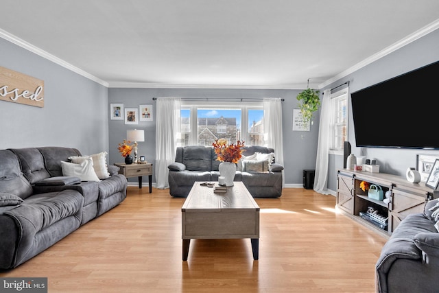 living room with light wood-type flooring and ornamental molding