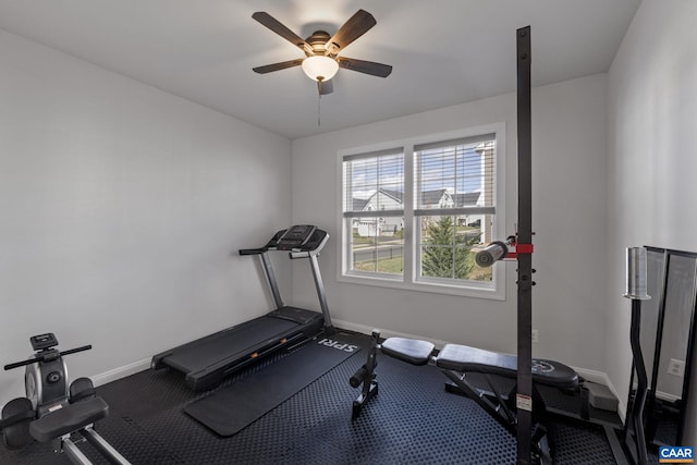 workout room featuring ceiling fan