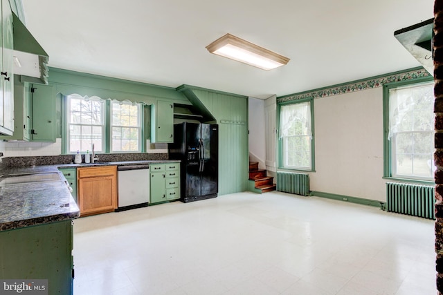 kitchen with black refrigerator with ice dispenser, radiator, stainless steel dishwasher, and green cabinetry