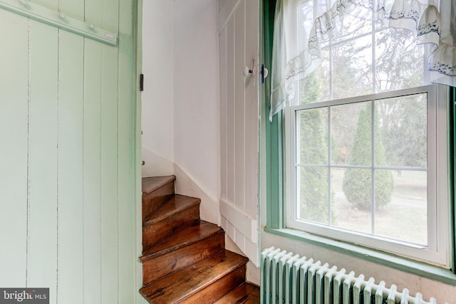 stairs with radiator and wooden walls