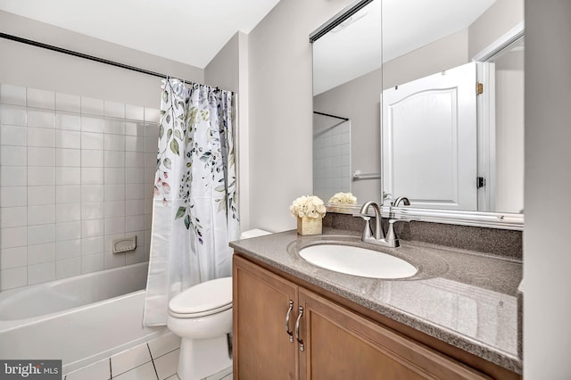 full bathroom with toilet, shower / bath combo, vanity, and tile patterned floors