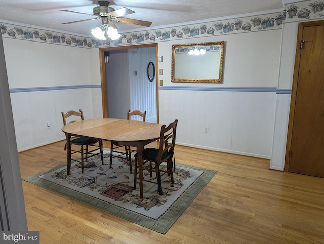 dining room with light wood-type flooring, a textured ceiling, ceiling fan, and crown molding