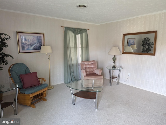 living area featuring carpet and a textured ceiling