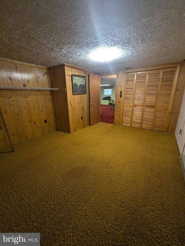 additional living space with wood walls, a textured ceiling, and carpet flooring