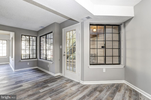 interior space featuring a textured ceiling, hardwood / wood-style flooring, and plenty of natural light