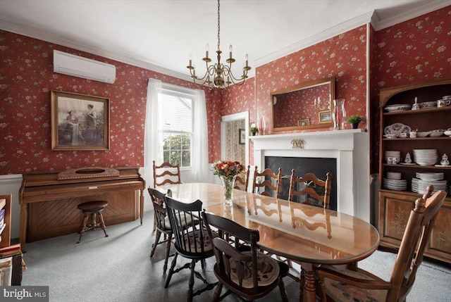 carpeted dining space featuring an AC wall unit, ornamental molding, and a chandelier