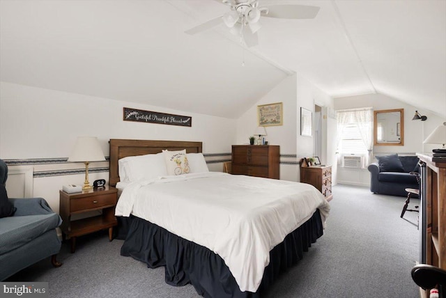 bedroom with ceiling fan, light carpet, and lofted ceiling