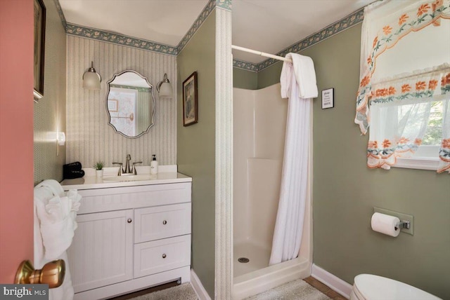 355 Orchard Dr, Mount Jackson, VA 22842 - full bath featuring a stall shower, toilet, baseboards, wallpapered walls, and vanity