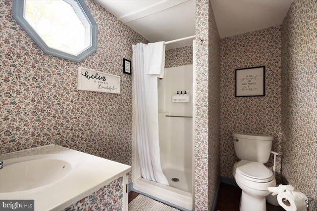 bathroom featuring sink, toilet, and walk in shower