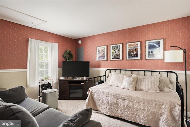 355 Orchard Dr, Mount Jackson, VA 22842 - carpeted bedroom with wallpapered walls and attic access
