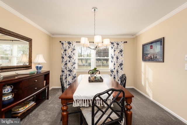 carpeted dining area featuring a chandelier and crown molding