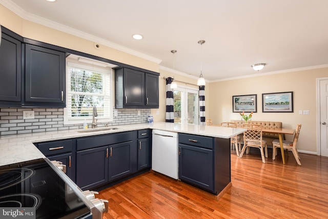 kitchen featuring dishwasher, kitchen peninsula, sink, and a healthy amount of sunlight