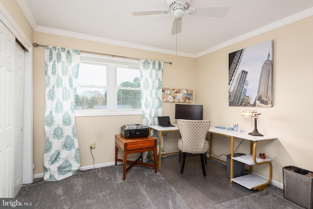 office with ceiling fan, dark colored carpet, and crown molding