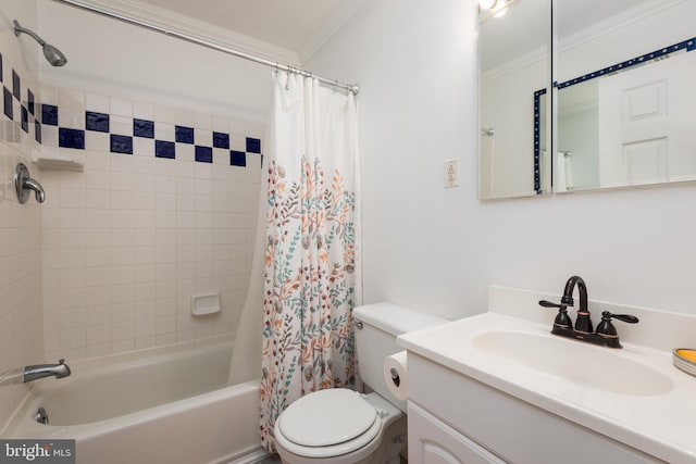 full bathroom featuring toilet, vanity, shower / bath combination with curtain, and crown molding