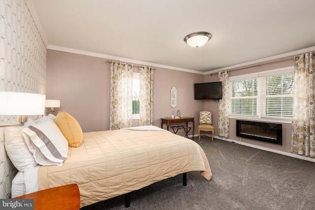 bedroom featuring ornamental molding and carpet