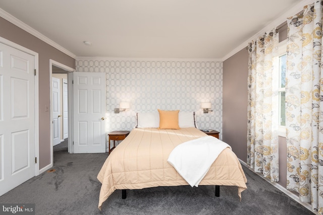 carpeted bedroom featuring crown molding