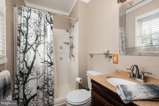 bathroom featuring walk in shower, vanity, and toilet