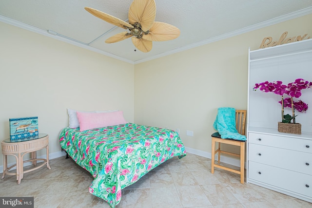 bedroom featuring ornamental molding, light tile patterned flooring, a textured ceiling, and ceiling fan