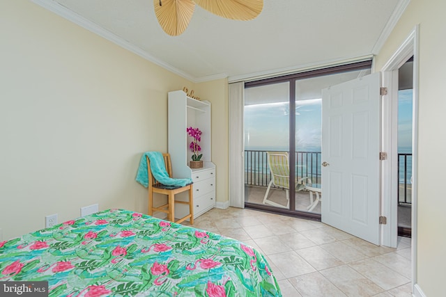 bedroom featuring ornamental molding, ceiling fan, multiple windows, and access to outside