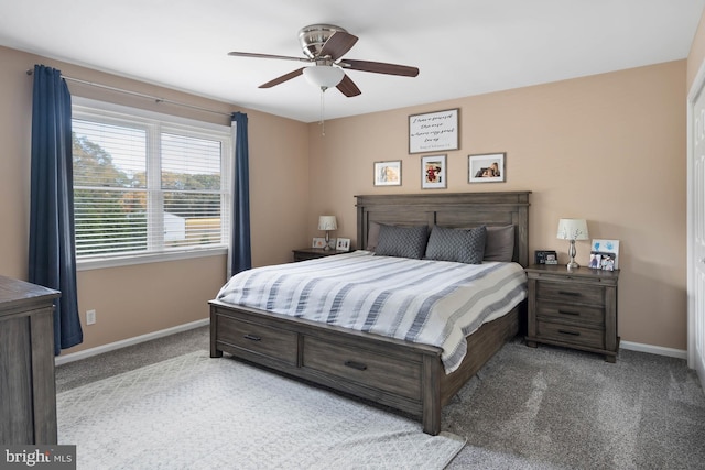 carpeted bedroom featuring ceiling fan