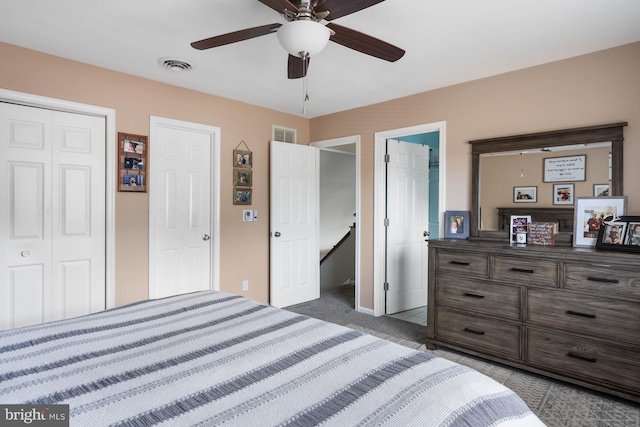 carpeted bedroom featuring ceiling fan