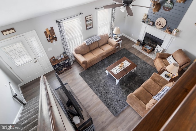 living room featuring hardwood / wood-style flooring and ceiling fan