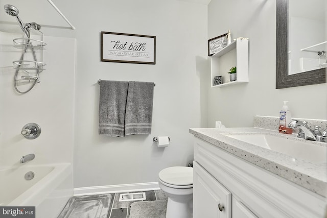 full bathroom with wood-type flooring, vanity, toilet, and shower / washtub combination