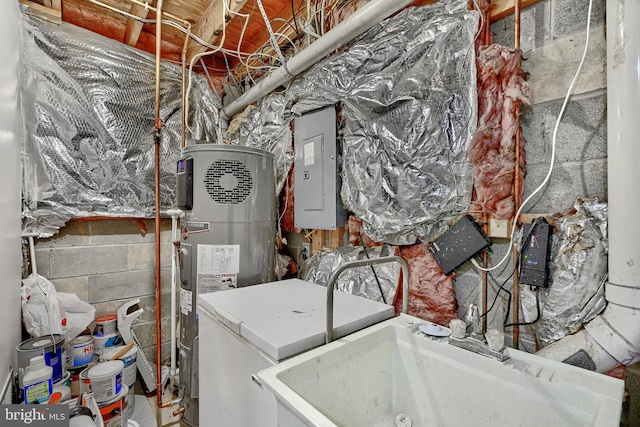 clothes washing area featuring electric panel, sink, and gas water heater