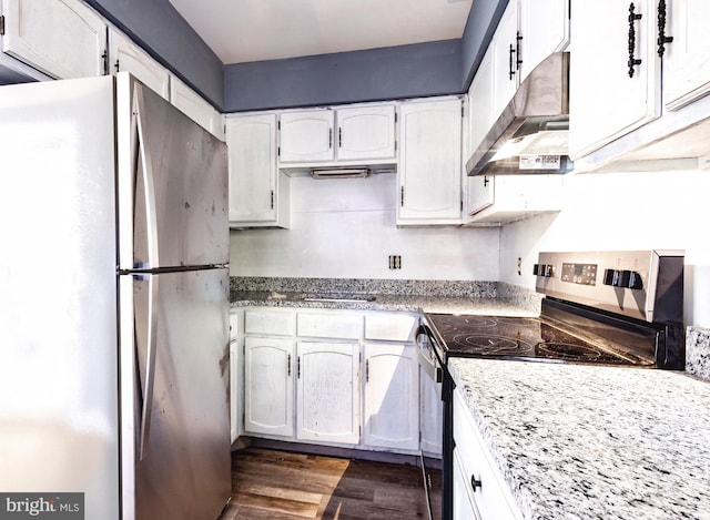 kitchen with stainless steel appliances, light stone counters, exhaust hood, dark hardwood / wood-style floors, and white cabinetry