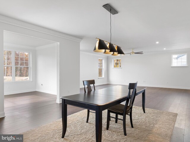 240 Baldy Ln, Middletown, DE 19709 - dining area featuring wood finished floors, ornamental molding, a ceiling fan, baseboards, and recessed lighting