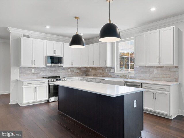 240 Baldy Ln, Middletown, DE 19709 - kitchen featuring appliances with stainless steel finishes, a sink, dark wood finished floors, crown molding, and light countertops