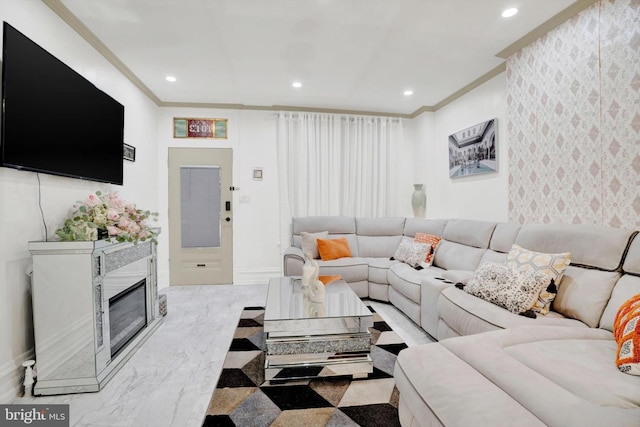 living room with crown molding